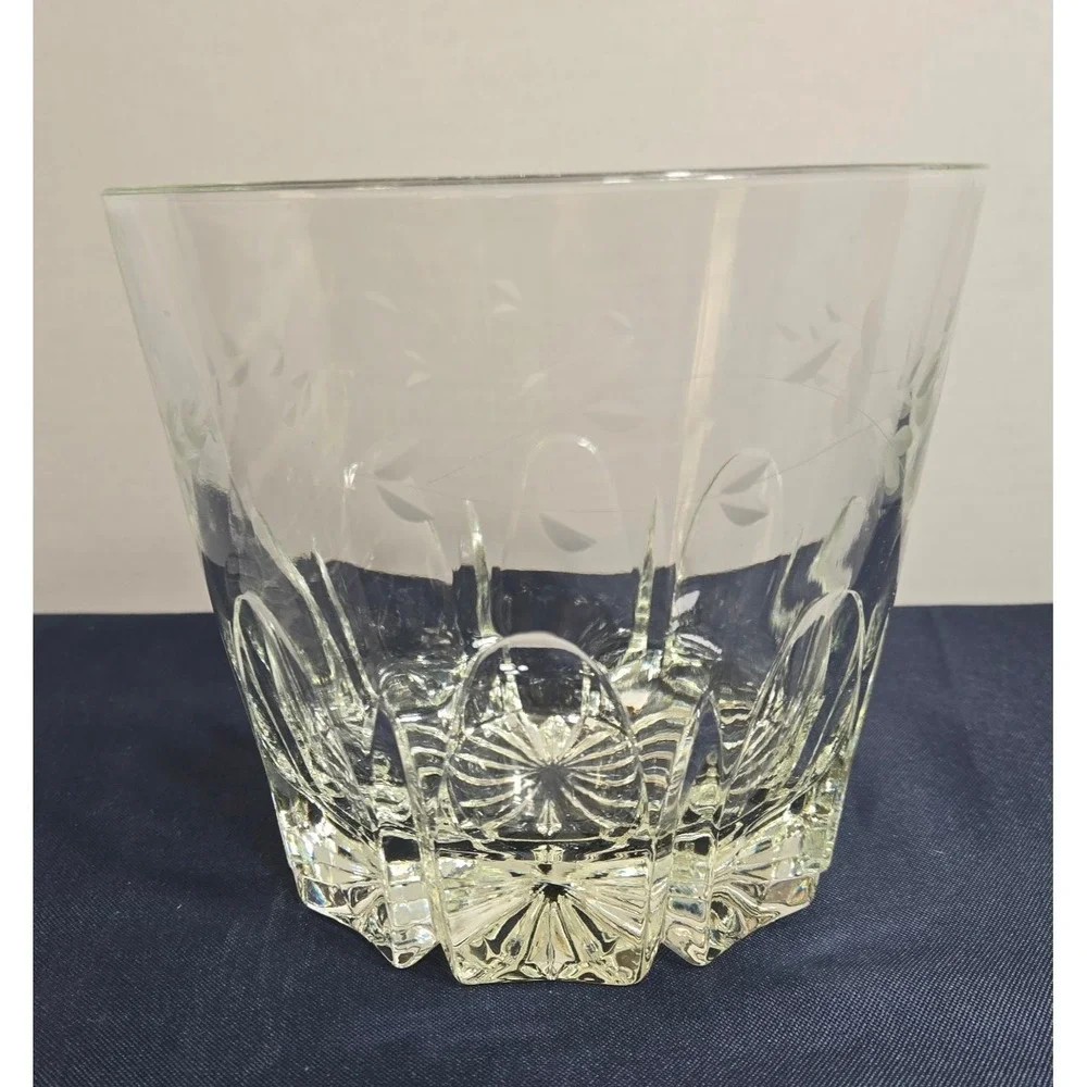 1980's Princess House Heritage Etched Crystal Glass Ice Bucket w/Spork Tongs